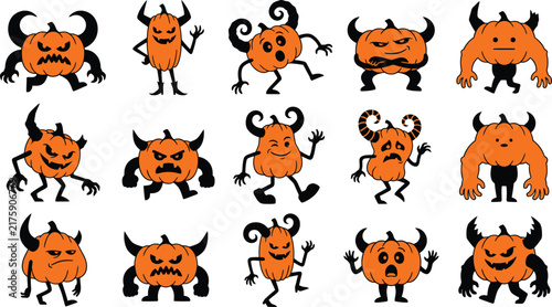 A collection of funny hand drawn pumpkin monster characters for a spooky and creative halloween design project