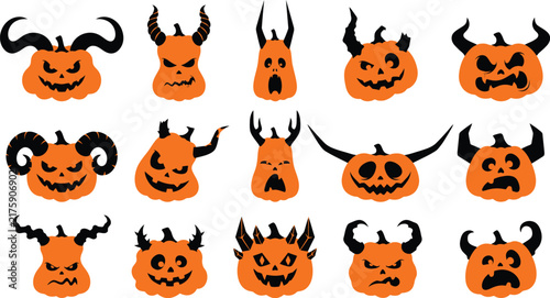 Set of fifteen spooky pumpkin faces with horns for creative halloween decorations and festive party graphic design projects