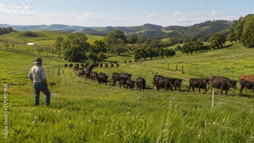 farmer watches over a herd of cattle walking along a grassy path in a scenic rural landscape with rolling hills and clear skies.