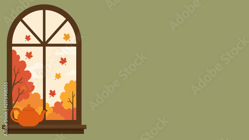 Flat vector illustration of a cozy autumn window view with a teapot on the sill and falling leaves outside in warm orange colors
