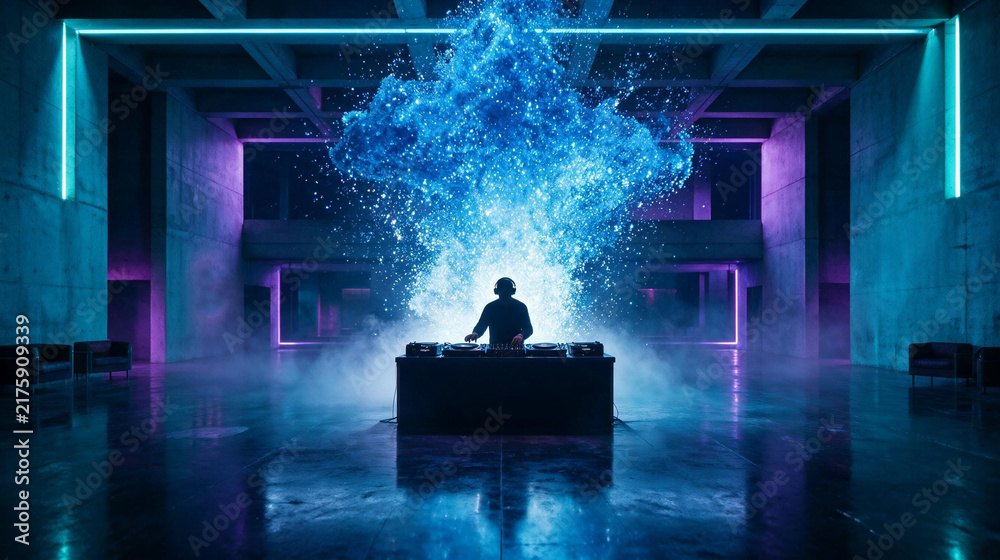 DJ Performing Electronic Music with Glowing Neon Particle Visuals