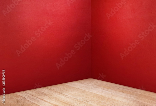 Red empty room corner background with wooden floor for product display.