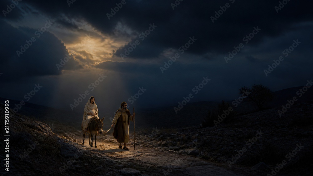 Fototapeta premium Pregnant Mary riding donkey led by Joseph on road to Bethlehem at night. Holy family journey to Bethlehem. Biblical Christmas nativity story. Gospel scene with divine light