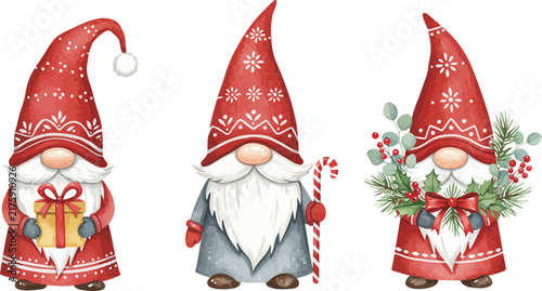 Set of three watercolor christmas gnomes wearing red hats with festive gifts candy cane and winter greenery isolated on white