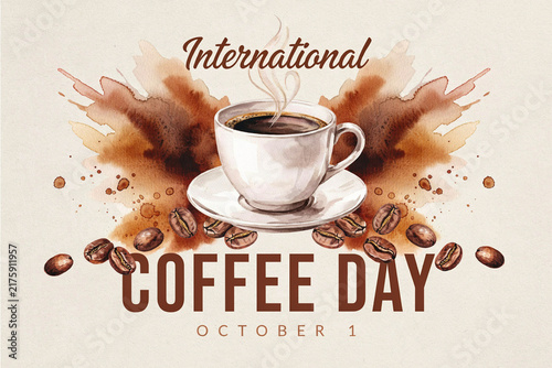 International coffee day watercolor design with a cup and roasted beans