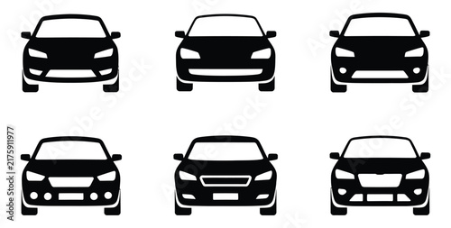 Car front view vector icon set featuring sedan SUV vehicle silhouettes isolated on white background for automotive transport drive traffic auto repair logo design web app
