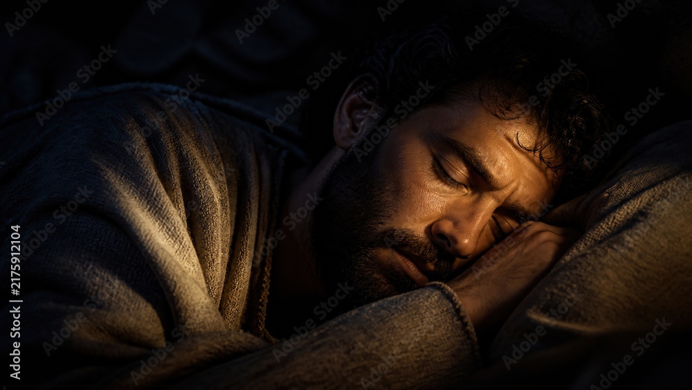 Naklejka premium Man sleeping in biblical robe at night. Joseph dreaming of angel before birth of Jesus Christ. Nativity story scene from gospel of Matthew. Faith and divine revelation concept