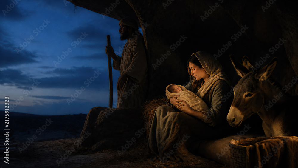 Fototapeta premium Woman Mary holding baby Jesus in stable and man Joseph at night. Nativity scene with donkey. Holy family. Birth of Christ. Christmas story and Christian faith for greeting card.