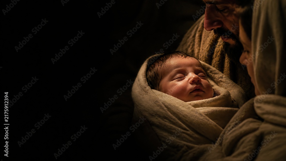 Obraz premium Newborn baby jesus wrapped in swaddling cloth with mother mary and father joseph in dark stable. Holy family nativity scene. Birth of christ. Christmas story concept