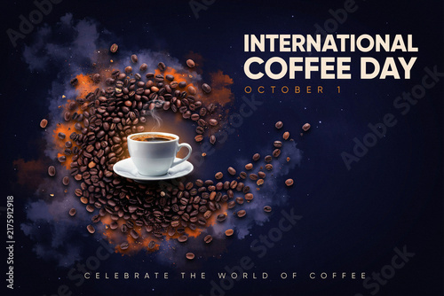 International coffee day promotional graphic with cup and swirling beans