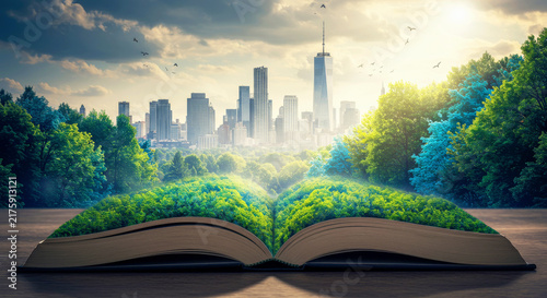 Open book with green forest and modern city skyline emerging from pages. Concept of nature, environment, education, and urban development.