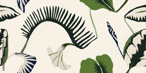 Bright abstract tropical leaves and flowers pattern. Botanical contemporary seamless pattern. Hand drawn unique print.