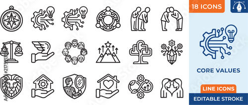 Core-Values Line Icon Collection For Leadership Teamwork Innovation Ethics Growth And Business Strategy Vector Design