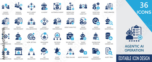 Foto Agentic AI solid icon set featuring autonomous agents, workflow automation, orchestration, monitoring, security, data and enterprise operations