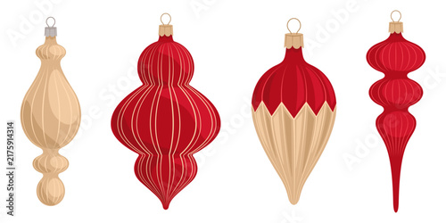 Red and gold Christmas icicle ornaments flat vector set for holiday decor