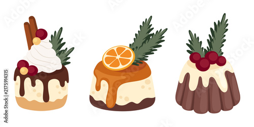 Festive Christmas desserts set flat vector illustrations for holiday menu