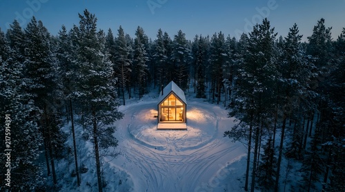 Cozy modern cabin glowing with warm light in a snowy pine forest at night, aerial view of a peaceful winter retreat in the secluded wilderness.