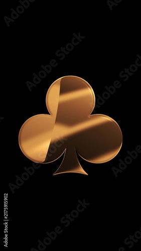 Club Golden card suit symbol shine gold liquid texture motion animation against dark background with alpha channel. Ace of clubs for luxury poker casino gambling games animation.