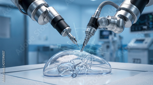 Robotic surgical instrument above a transparent anatomical organ model