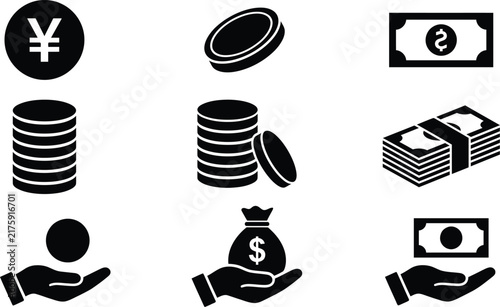 Minimalist money icon set, black currency symbols and coin stacks, financial banking vector elements for business apps