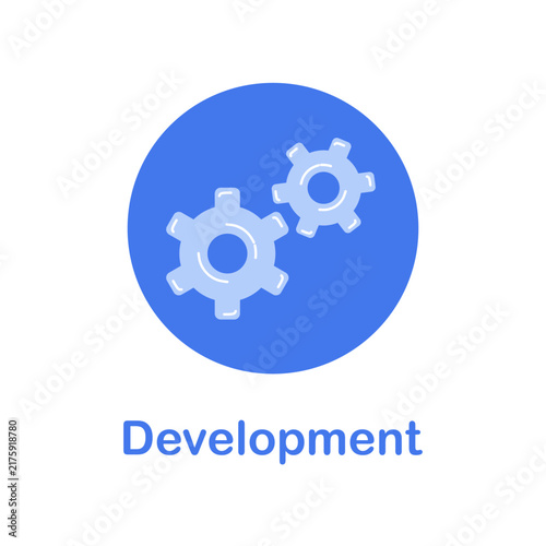 Development vector icon. Concept of working on fixing the bug, improving it, and developing more convenient new functions. Two gears sign on blue circle. Colored flat vector illustration