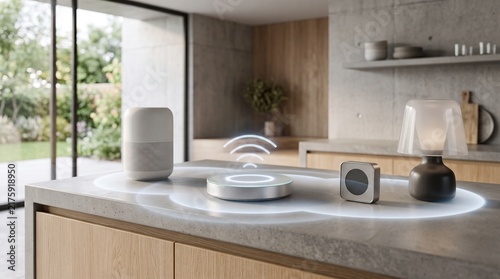 Smart home central hub connecting smart speaker lamp and controller with wireless wifi signal waves on kitchen island, symbolizing iot automation