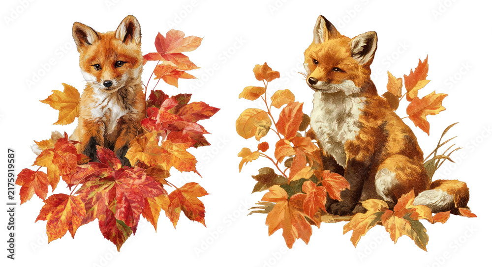 Obraz premium PNG Autumn fox illustrations with colorful fall leaves, transparent background