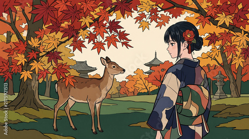紅葉の映える和風庭園で鹿と見つめ合う着物姿の女性イラスト コピースペース