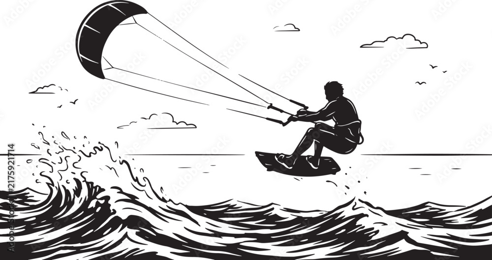 Fototapeta premium Black and white of a kitesurfer jumping over ocean waves with a large kite in the sky also transparent background