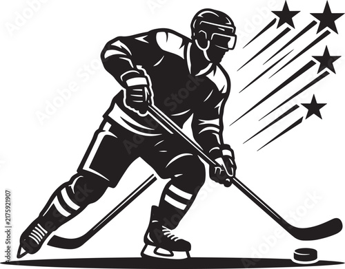 Photography Black and white of an ice hockey player skating forward with a stick, puck, and