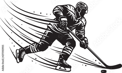 Canvas Print Black and white of an ice hockey player skating fast with speed lines and a puck