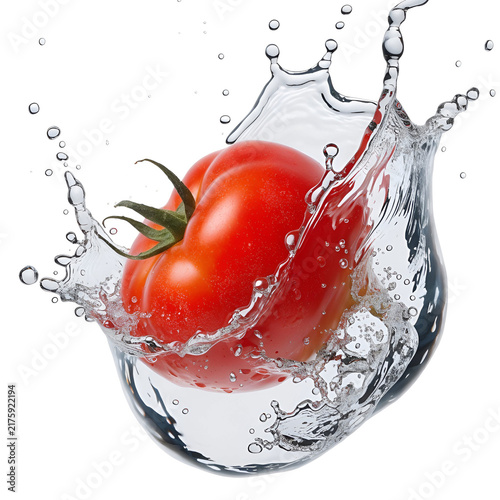 photo tomato and splash water over white background