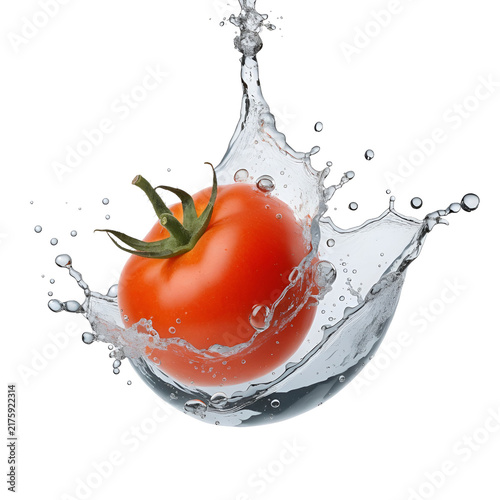 photo tomato and splash water over white background