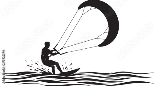Black and white silhouette of a kitesurfer riding waves on a board with a large kite in the sky also transparent background