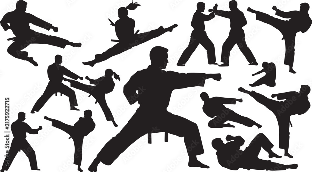 Obraz premium Black silhouettes of martial arts fighters in various poses, including kicking, punching, jumping, and sparring also transparent background