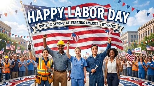 Happy Labor Day USA Celebration, Diverse Workers Holding Flags, Patriotic Background