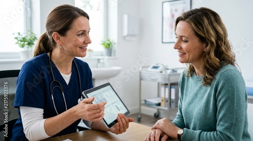 Doctor consulting patient on digital tablet, explaining results, healthcare, medical consultation