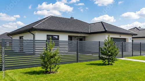 Suburban residential property exterior with contemporary metallic fencing