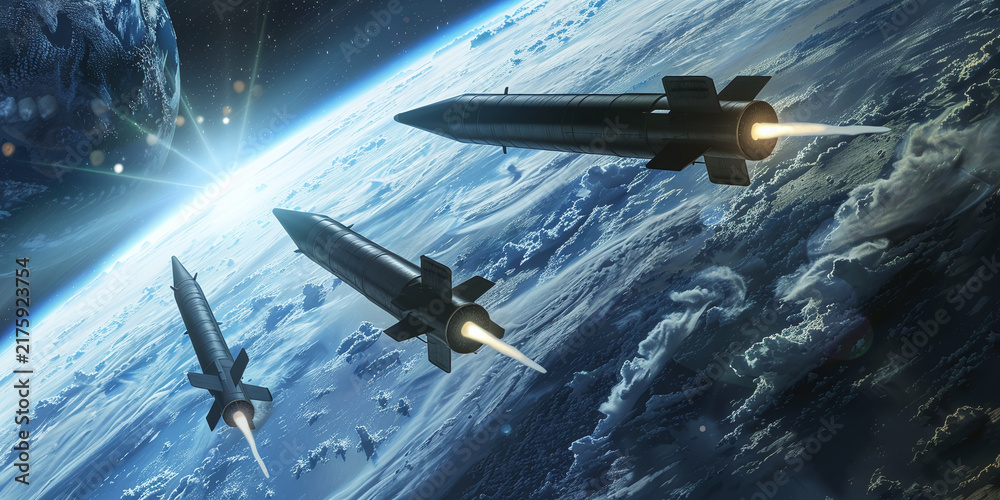 Fototapeta premium Intercontinental ballistic missiles flying over planet Earth in outer space with bright sunrise light. Futuristic military technology concept art depicting nuclear weapon threat and global strategic d