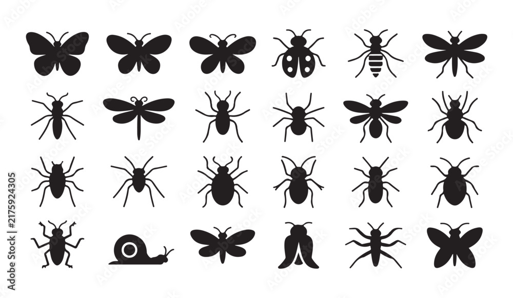 Obraz premium Comprehensive bug collection showcases butterflies and snails in a diverse array of small animal silhouettes.