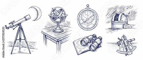 Foto Vintage Astronomy Equipment Sketch Set with hand drawn telescope, astrolabe, obs