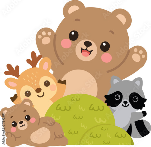 Happy forest animals waving from green hills