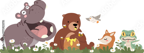 Happy wild animals in a flower field