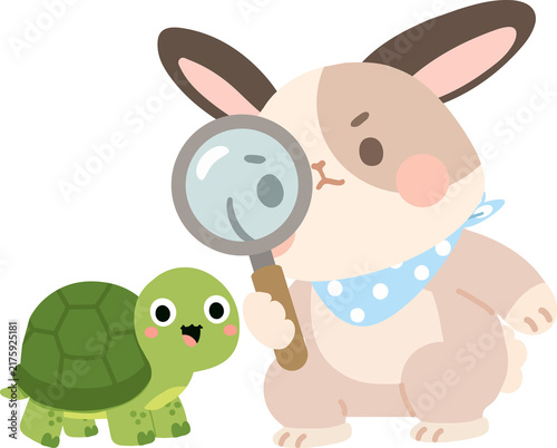 Rabbit looking at turtle with magnifying glass