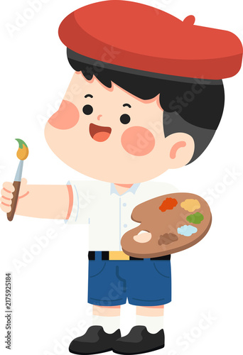 Student boy artist holding paint palette