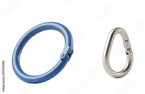 Two carabiners one blue and one silver on transparent background
