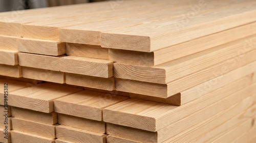 Stack of freshly cut wooden planks in a lumber yard or workshop