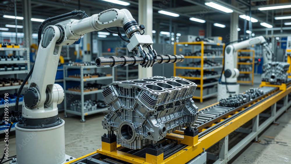 Fototapeta premium Robotic arm installing camshaft to V8 block in engine assembly plant, automotive manufacturing and smart automation