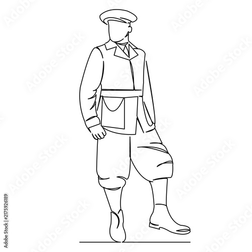 One continuous single drawing line art flat doodle single, hand, retro, vintage, suit, people, men, classic, elegance. Isolated image hand draw contour on a white background
