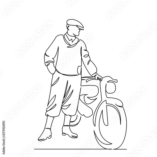 One continuous single drawing line art flat doodle moped, motorcycle, vintage, scooter, people, man, old. Isolated image hand draw contour on a white background

